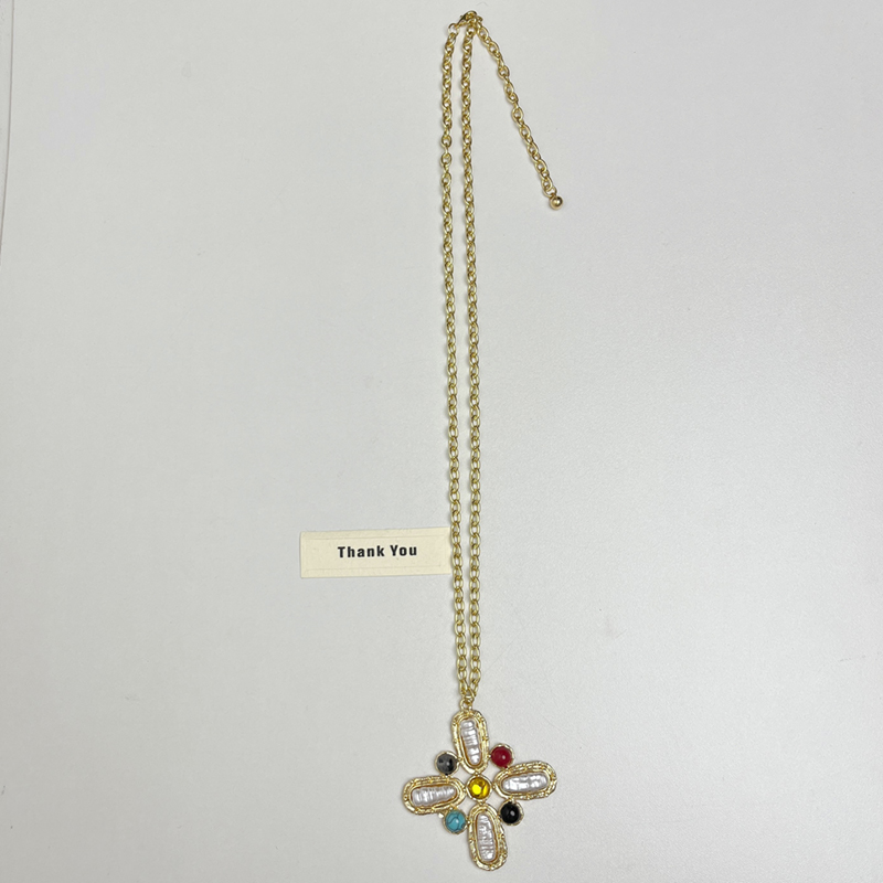 French Vintage Gold-Plated Colorful Semi-Precious Stone Cross Necklace for Women - 2025 Layered Sweater Chain, Boho Style