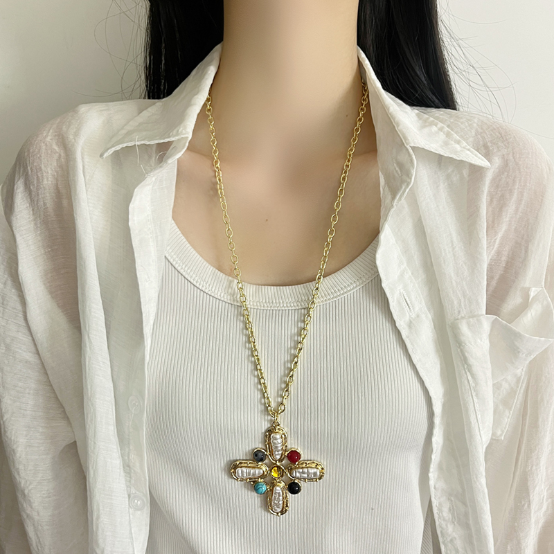 French Vintage Gold-Plated Colorful Semi-Precious Stone Cross Necklace for Women - 2025 Layered Sweater Chain, Boho Style