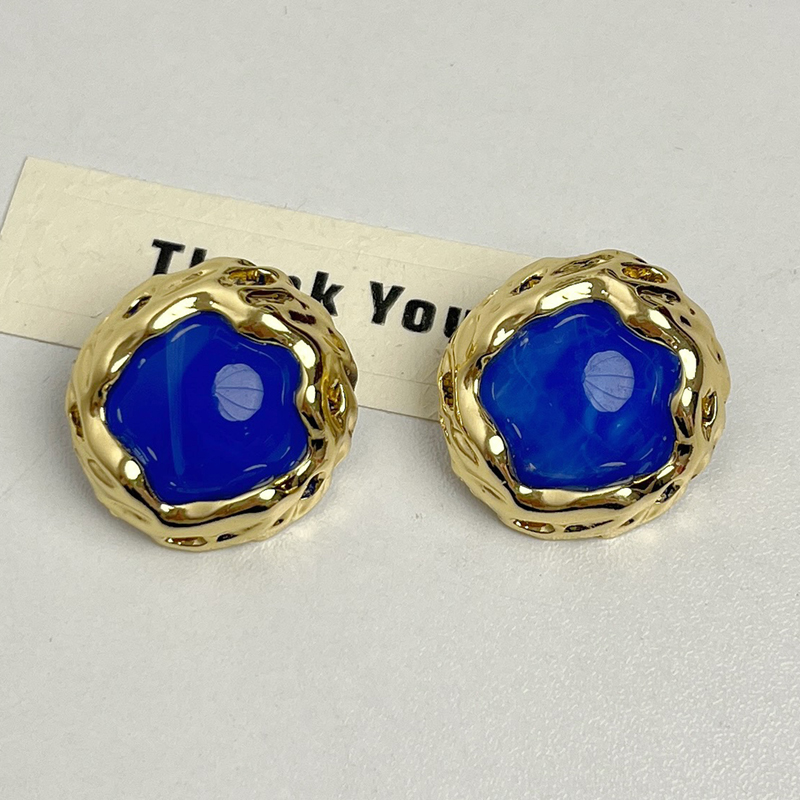 French Vintage Gold Round Large Gemstone Earring and Ring Set - Exquisite High-End Studs for Elegant Style