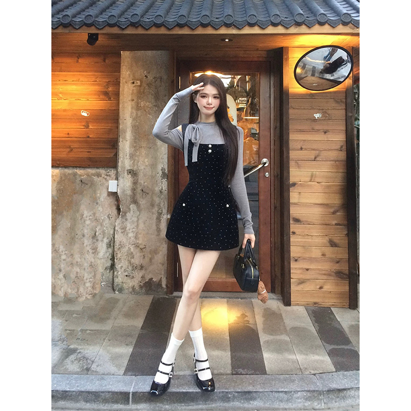 French Vintage Off-Shoulder Velvet Polka Dot Camisole Dress - Women's High-End Spring Short Skirt Set French Vintage Off-Shoulder Velvet Polka Dot Camisole Dress - Women's High-End Spring Short Skirt Set