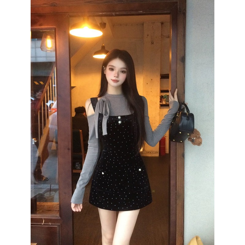 French Vintage Off-Shoulder Velvet Polka Dot Camisole Dress - Women's High-End Spring Short Skirt Set French Vintage Off-Shoulder Velvet Polka Dot Camisole Dress - Women's High-End Spring Short Skirt Set