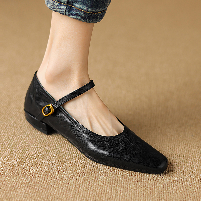 French Vintage One-Strap Mary Jane Shoes for Women, Genuine Leather, Chunky Heel, Minimalist Versatile High Heels, Size 41