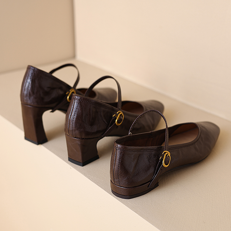 French Vintage One-Strap Mary Jane Shoes for Women, Genuine Leather, Chunky Heel, Minimalist Versatile High Heels, Size 41