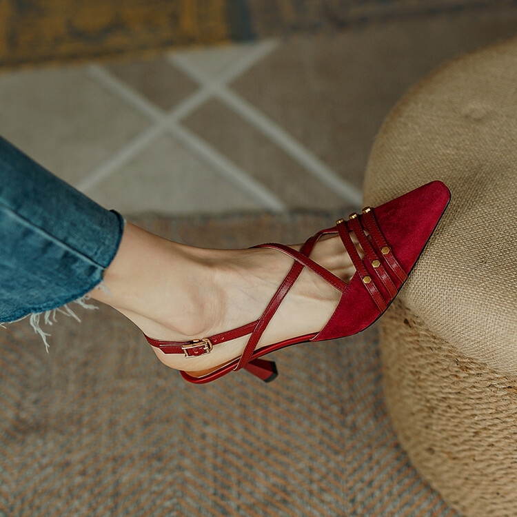 French Vintage Pointed Toe Sandals for Women - Summer Sexy Thin Heel Cross Strap Suede High Heels, New Style 2025