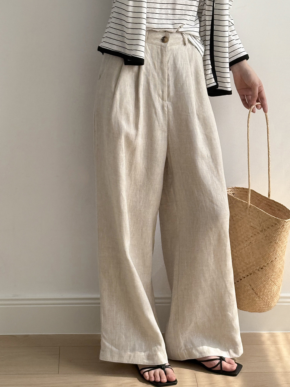 French Vintage Pure Linen Wide-Leg Pants for Women - Loose Casual Floor-Length Trousers for Summer 2025, Boho Chic Style