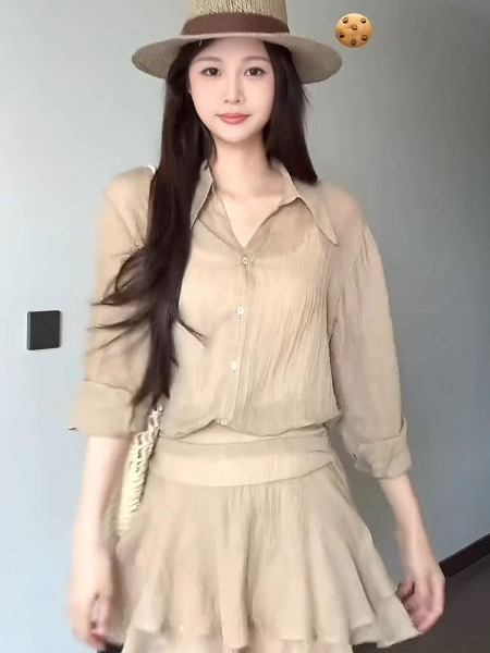 French Vintage Summer 2025 Women's Two-Piece Set, Loose Long Sleeve Shirt & High-Waisted A-Line Skirt, Trendy Chic Style