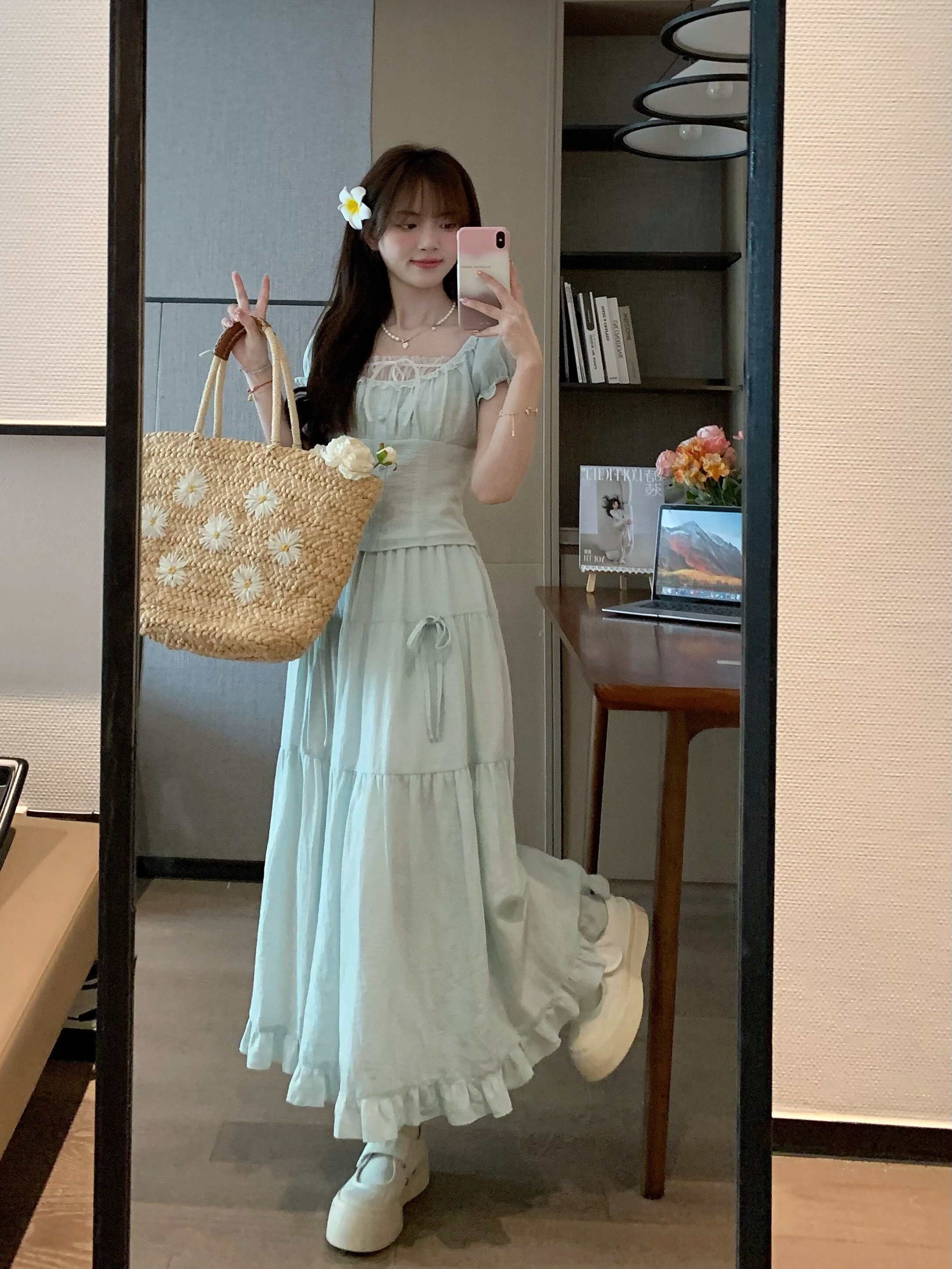 Fresh White and Green Waist-Cinching Two-Piece Set - Slimming Top Shirt with Waist-Defining Skirt for Spring Style
