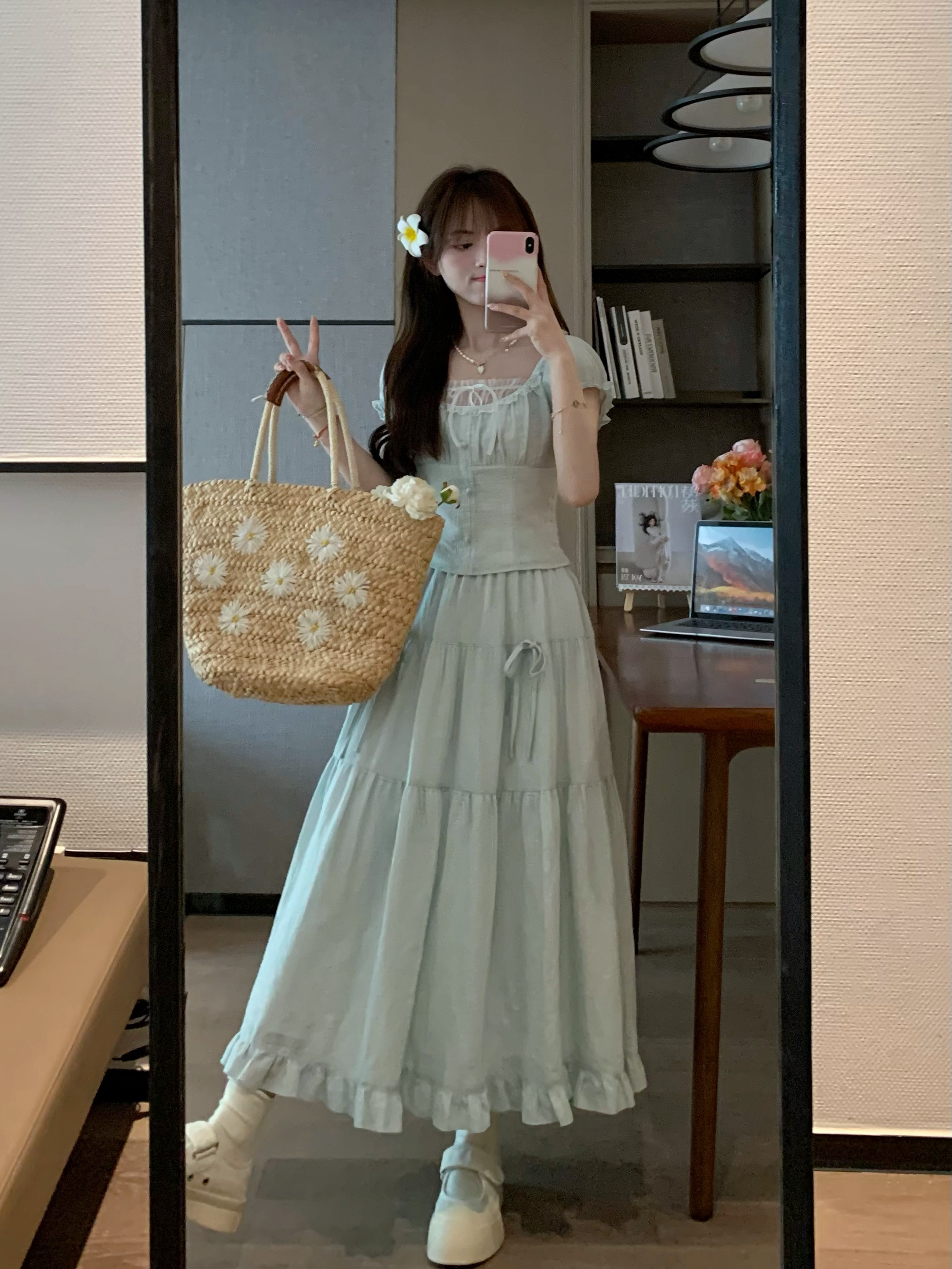 Fresh White and Green Waist-Cinching Two-Piece Set - Slimming Top Shirt with Waist-Defining Skirt for Spring Style