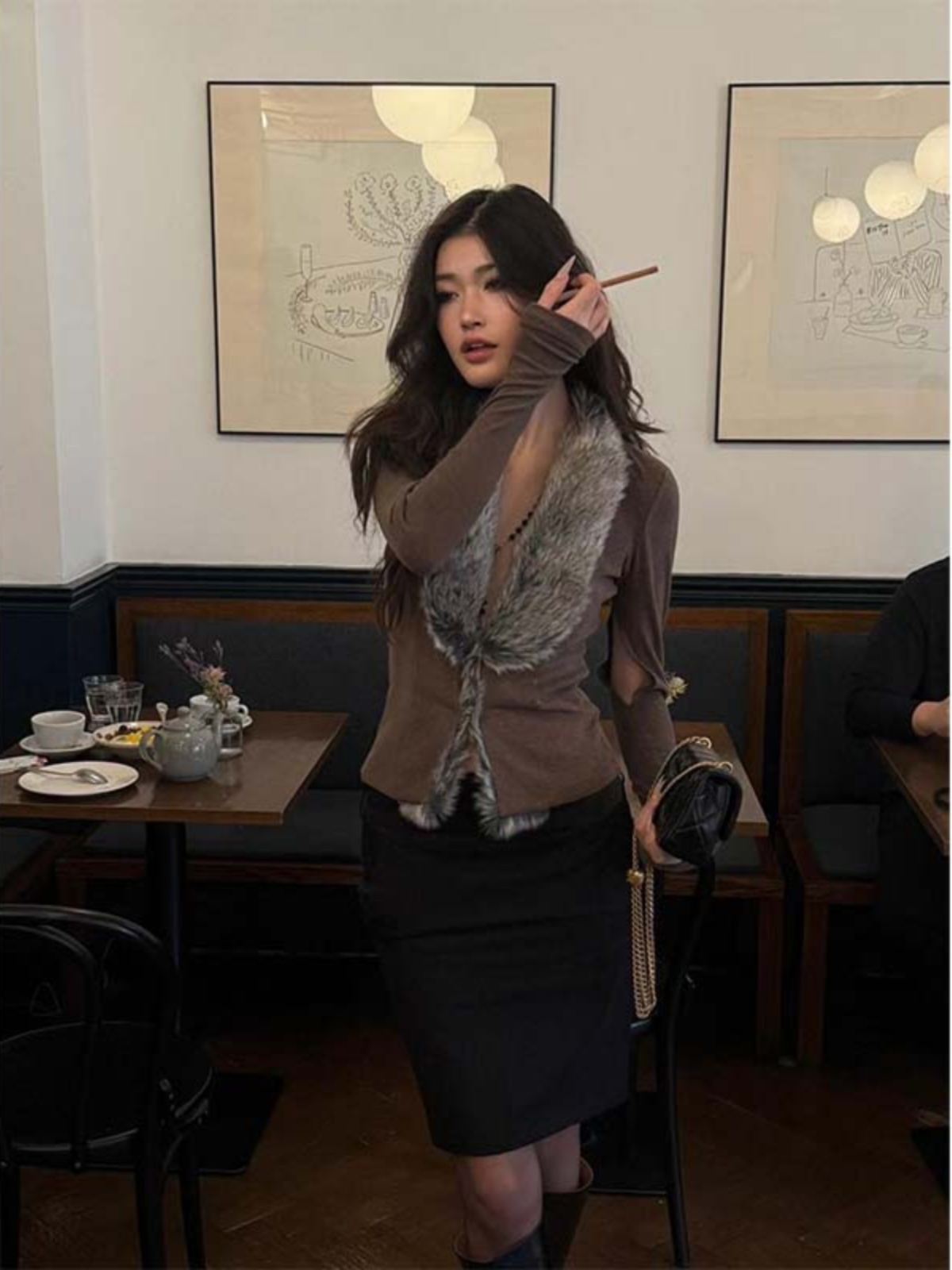 Fur Collar Knitted V-Neck Cardigan - High-End Sweater, Chic Korean Style Design for a Cozy, Stylish Look