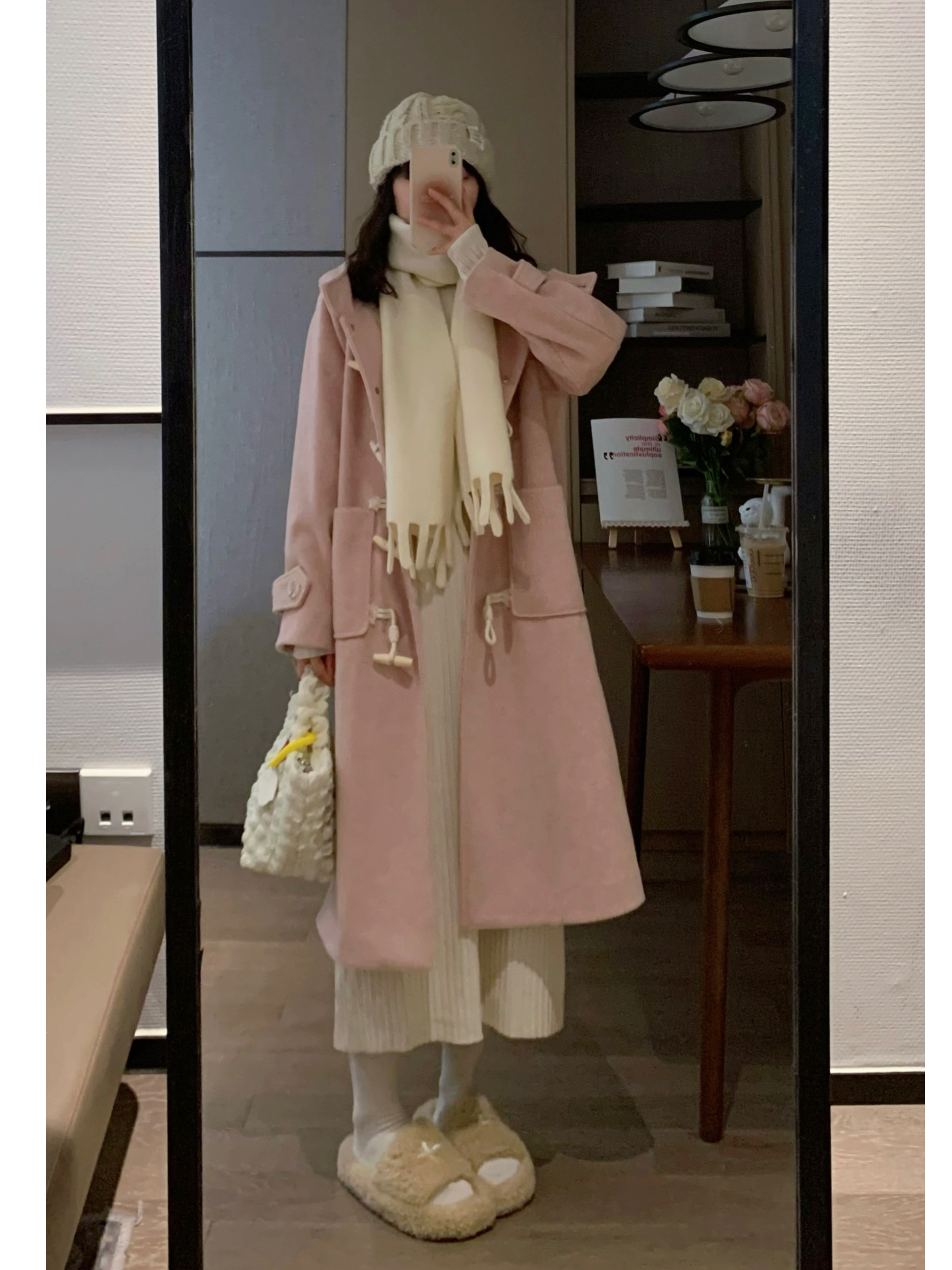 Gentle Pink Mid-Length Toggle Woolen Coat with Hood - Vintage Sweet Style for Women, Perfect for Spring and Autumn Fashion