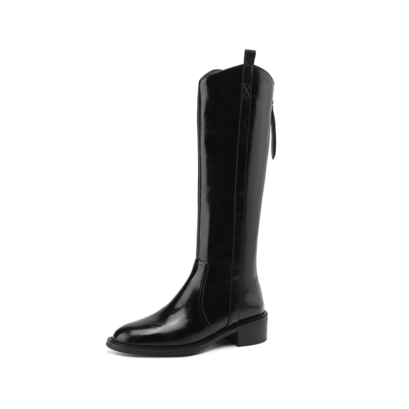 Genuine Leather Round-Toe Chunky-Heeled Knee-High Women's Riding Boots in Retro British Style with Back Zipper for Versatile Fashion Genuine Leather Round-Toe Chunky-Heeled Knee-High Women's Riding Boots in Retro British Style with Back Zipper for Versatile Fashion