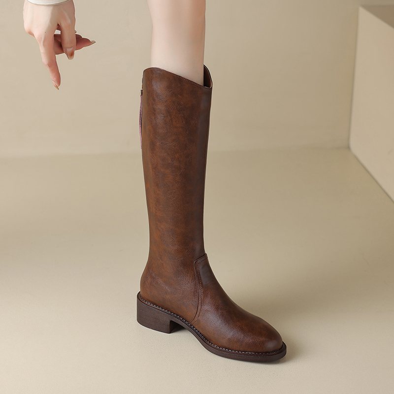 Genuine Leather Round-Toe Chunky-Heeled Knee-High Women's Riding Boots in Retro British Style with Back Zipper for Versatile Fashion Genuine Leather Round-Toe Chunky-Heeled Knee-High Women's Riding Boots in Retro British Style with Back Zipper for Versatile Fashion