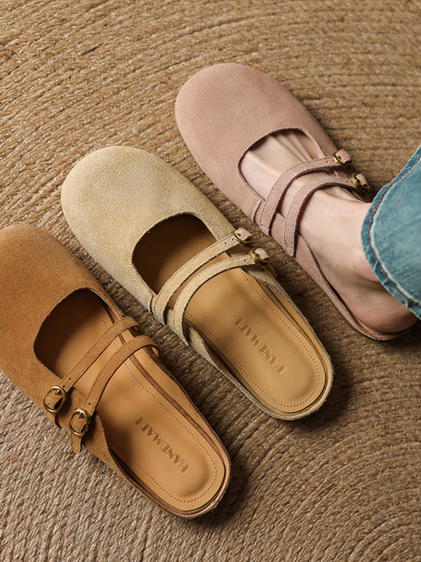 Genuine Leather Round Toe Half Slippers for Women - French Boken Style, Spring/Summer 2025 Fashion, Comfortable Flat Shoes Genuine Leather Round Toe Half Slippers for Women - French Boken Style, Spring/Summer 2025 Fashion, Comfortable Flat Shoes