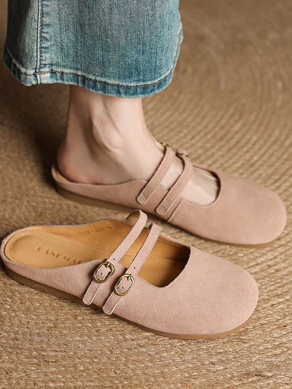 Genuine Leather Round Toe Half Slippers for Women - French Boken Style, Spring/Summer 2025 Fashion, Comfortable Flat Shoes Genuine Leather Round Toe Half Slippers for Women - French Boken Style, Spring/Summer 2025 Fashion, Comfortable Flat Shoes