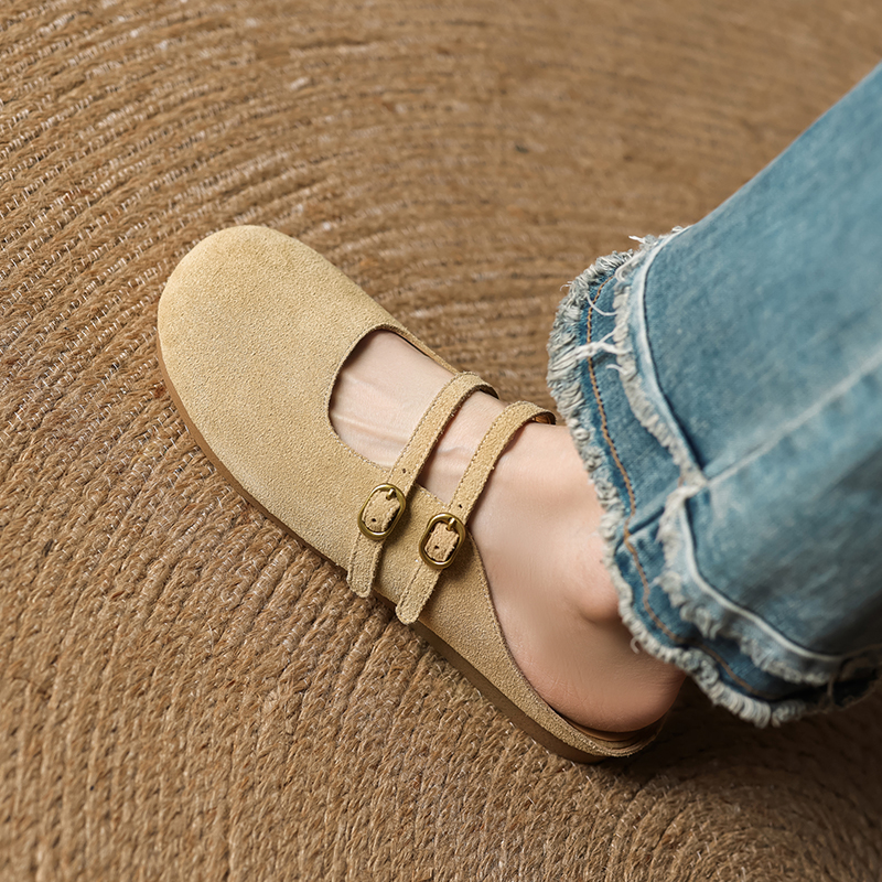 Genuine Leather Round Toe Half Slippers for Women - French Boken Style, Spring/Summer 2025 Fashion, Comfortable Flat Shoes