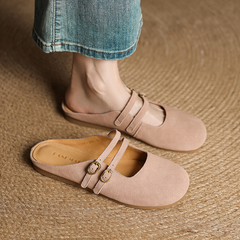 Genuine Leather Round Toe Half Slippers for Women - French Boken Style, Spring/Summer 2025 Fashion, Comfortable Flat Shoes Genuine Leather Round Toe Half Slippers for Women - French Boken Style, Spring/Summer 2025 Fashion, Comfortable Flat Shoes