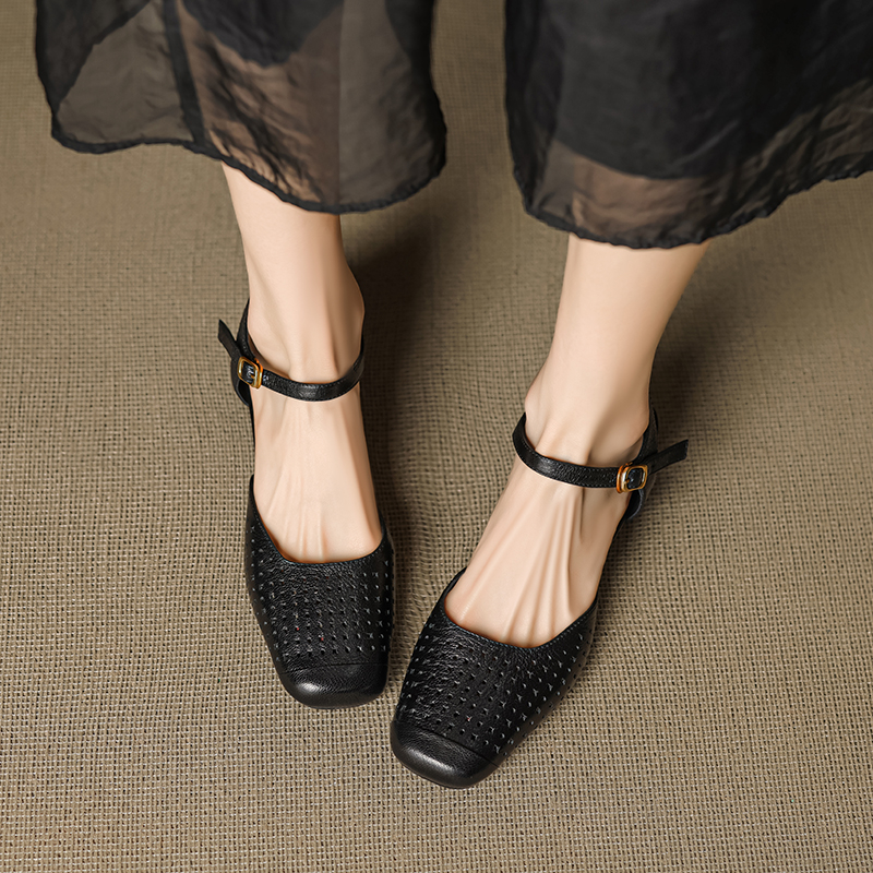 Genuine Leather Square Toe Buckle Strap Backless Heeled Hollow Mary Jane Sandals for Women - Stylish 90s-Inspired Footwear Genuine Leather Square Toe Buckle Strap Backless Heeled Hollow Mary Jane Sandals for Women - Stylish 90s-Inspired Footwear