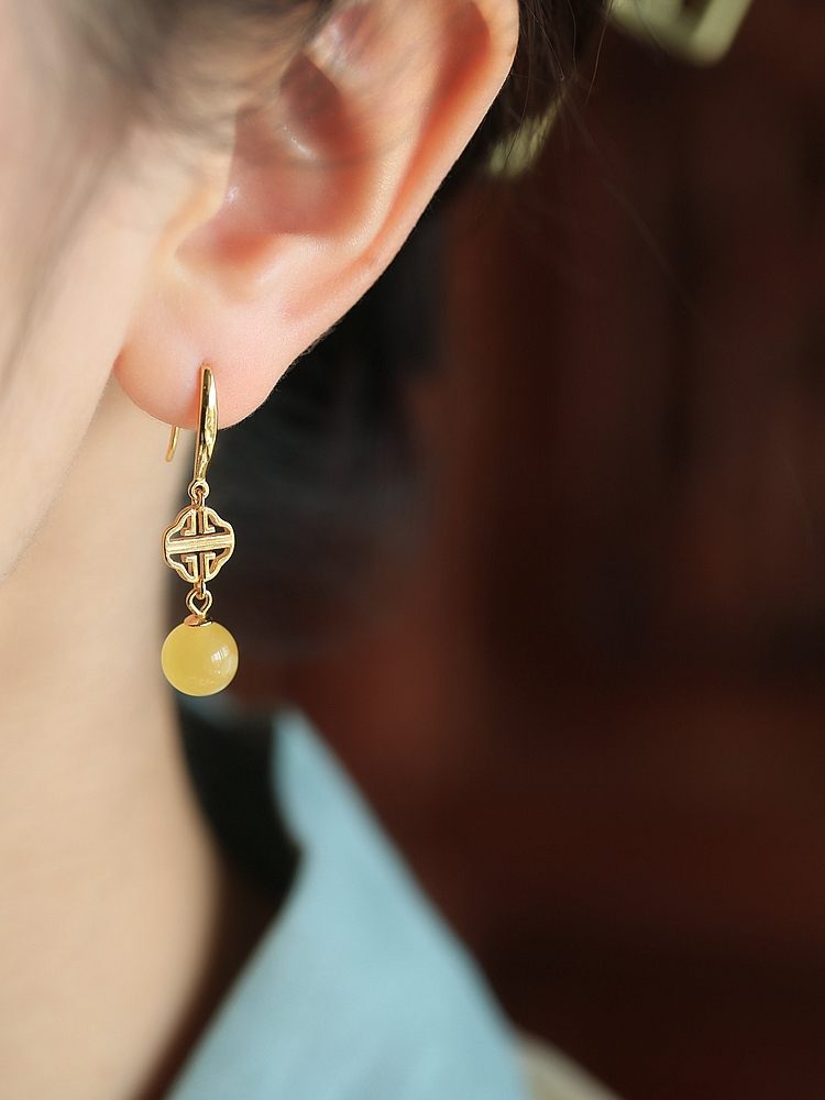 Geometric Drop Earrings for Women, Natural Beeswax Amber & Gold Inlaid Jade, Chinese Style, Light Luxury Ear Accessories
