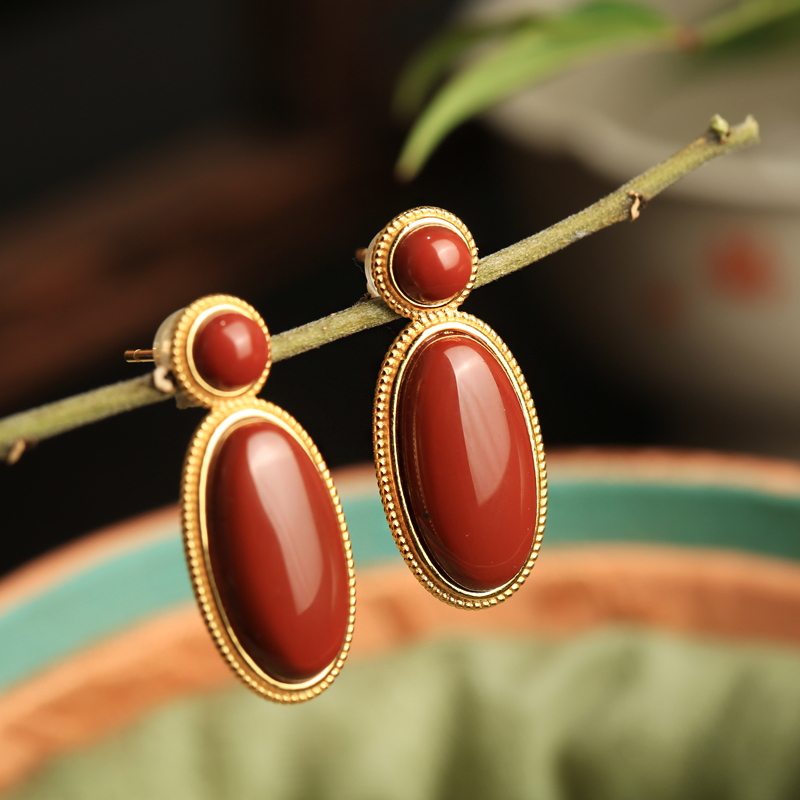 Geometric Red Agate Earrings for Women - 18k Gold Plated Silver Oval Design, Elegant High-End Ear Accessories