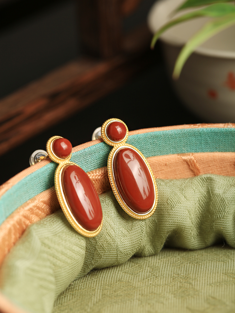 Geometric Red Agate Earrings for Women - 18k Gold Plated Silver Oval Design, Elegant High-End Ear Accessories Geometric Red Agate Earrings for Women - 18k Gold Plated Silver Oval Design, Elegant High-End Ear Accessories