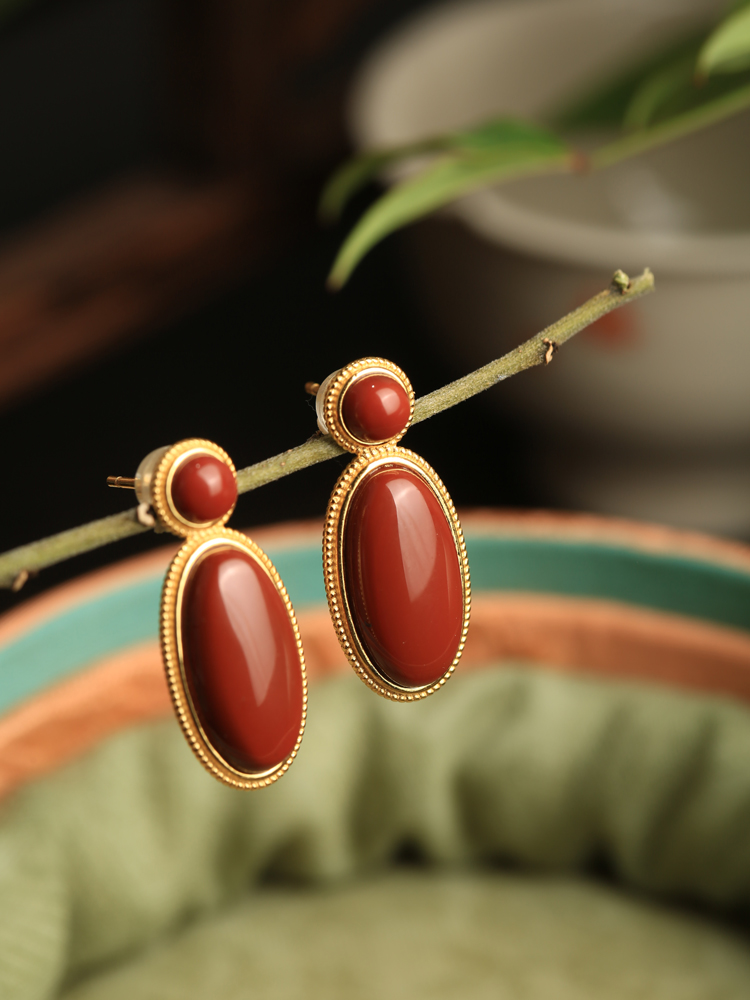 Geometric Red Agate Earrings for Women - 18k Gold Plated Silver Oval Design, Elegant High-End Ear Accessories Geometric Red Agate Earrings for Women - 18k Gold Plated Silver Oval Design, Elegant High-End Ear Accessories