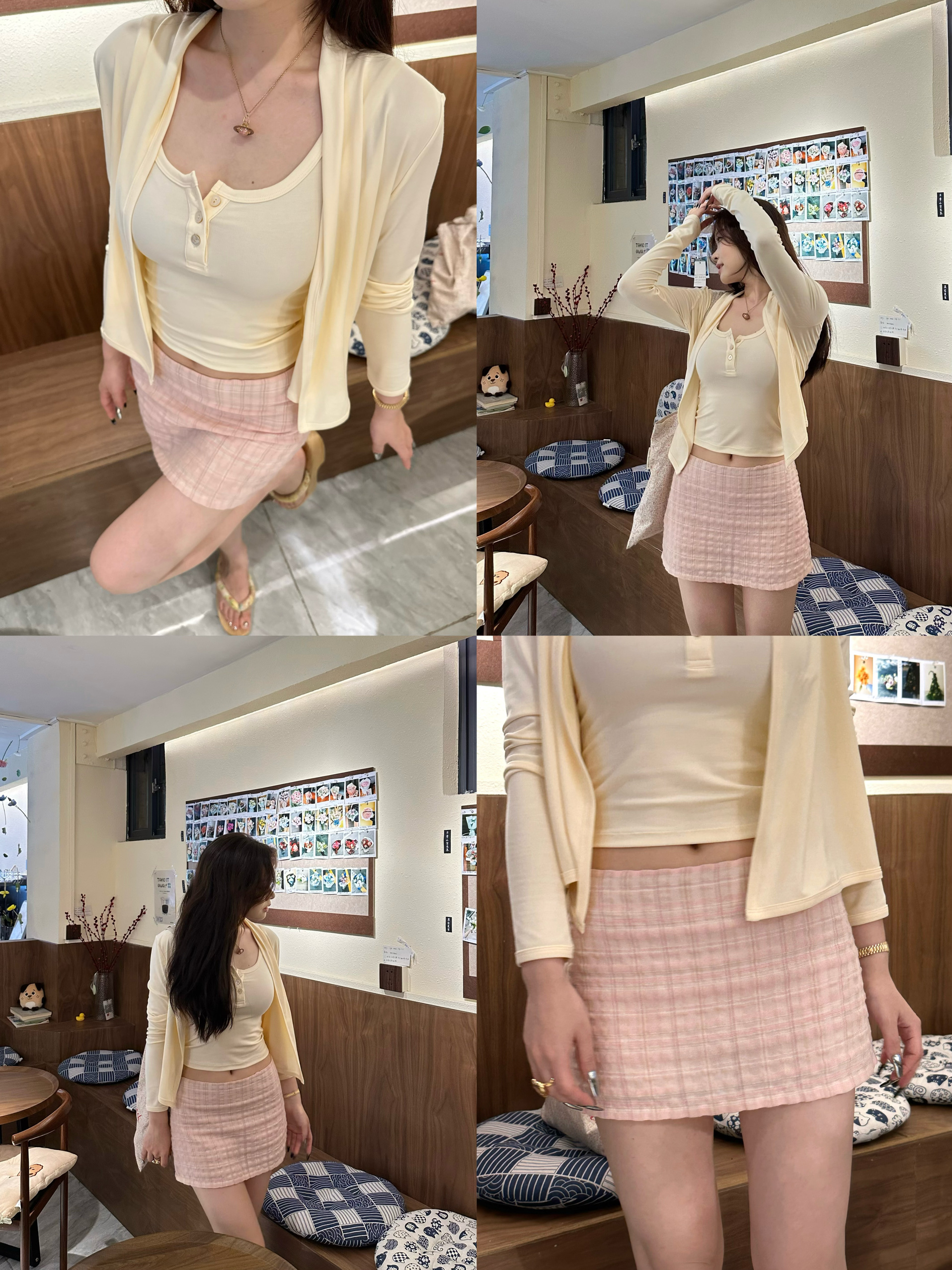 Girlish Feelings 100% Cotton Pink Check A-Line Skirt with Built-In Shorts | Bubble Wrinkled Design, Perfect for 90s Y2K Style