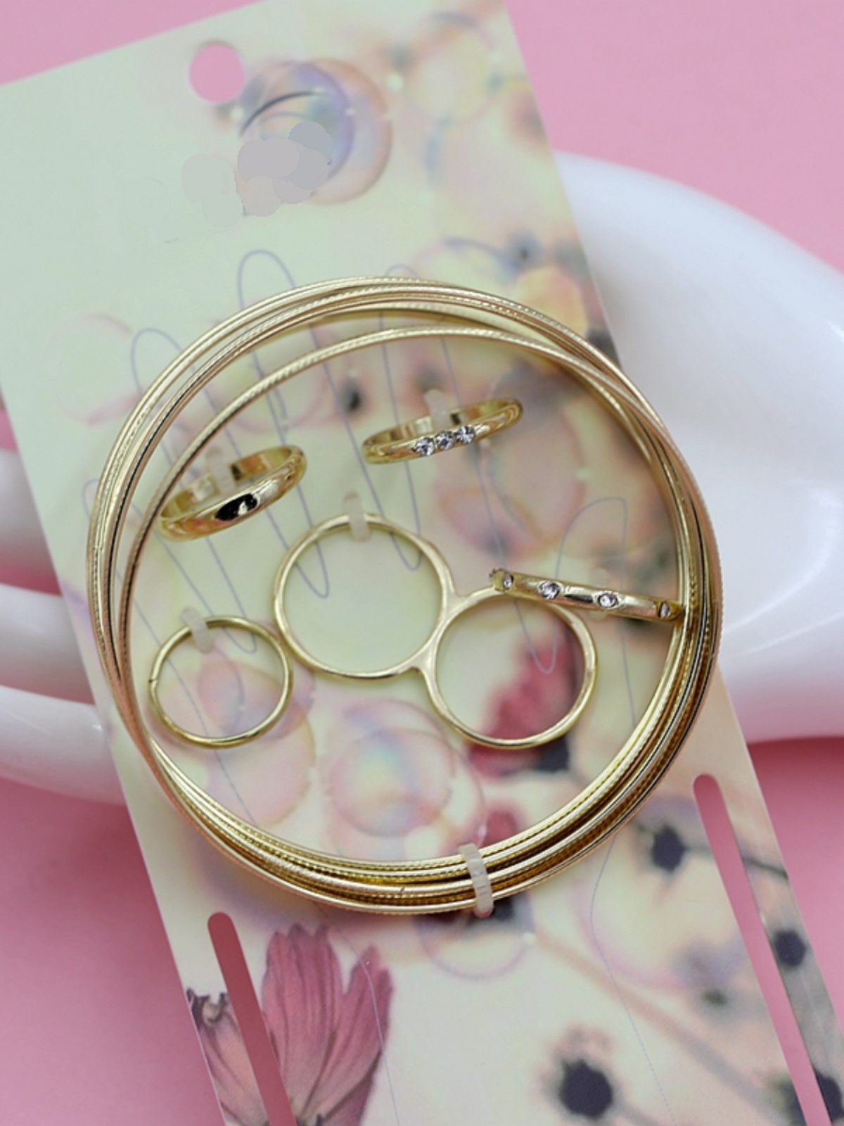 Gold Metal Bracelet Set with Sparkling Gemstone Rings & Rhinestone Bangles - 11-Piece Jewelry Collection for Stylish Layering