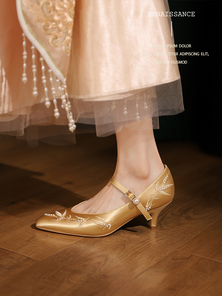 Gold Satin Xiuhe Wedding Shoes, Traditional Embroidered High Heels for Brides, Comfortable Qipao Footwear
