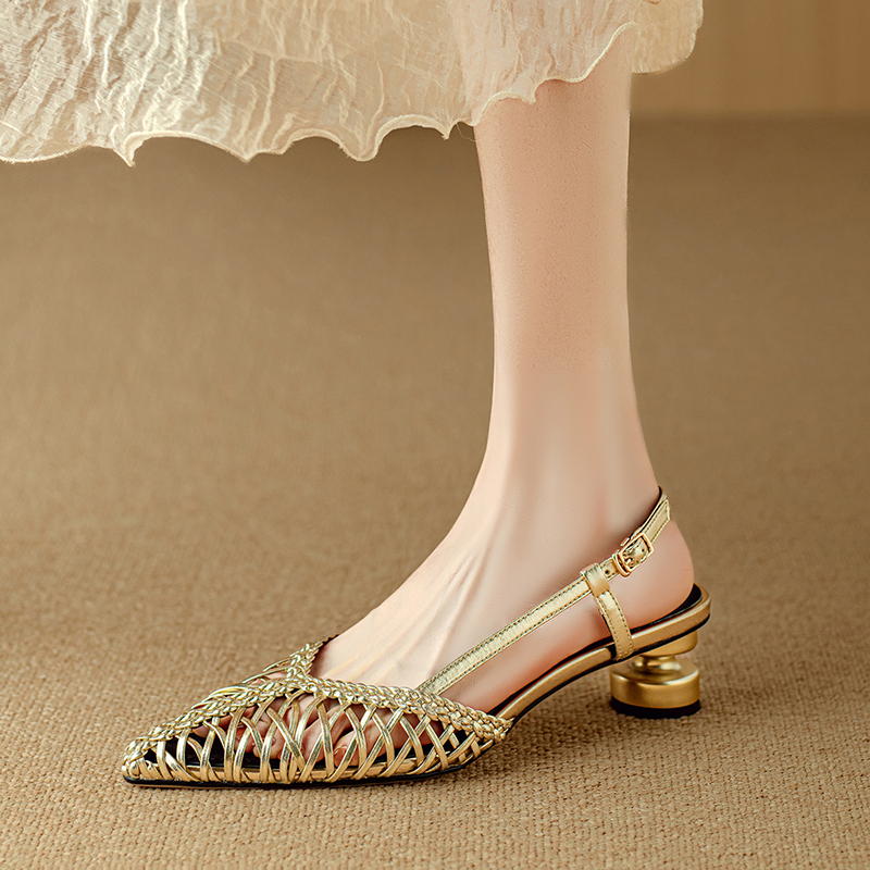 Gold Woven Genuine Leather Pointed Toe Chunky Heel Hollow-Out Sandals for Women - Summer French Roman Style Shoes