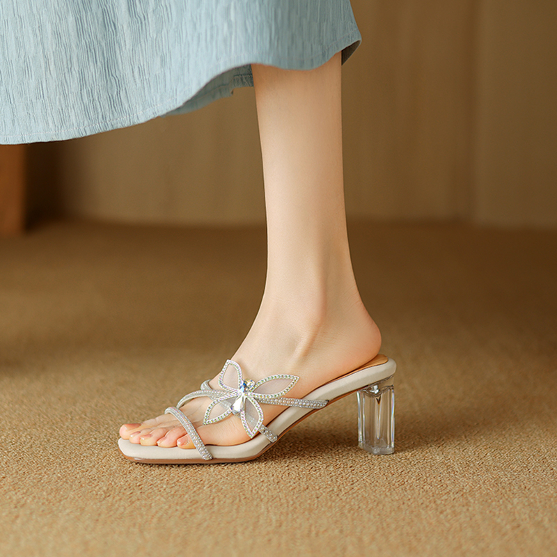 Gorgeous Bowknot Rhinestone High-Heeled Sandals - Summer Open-Toe Crystal Slippers for Vacation and Outdoor Wear