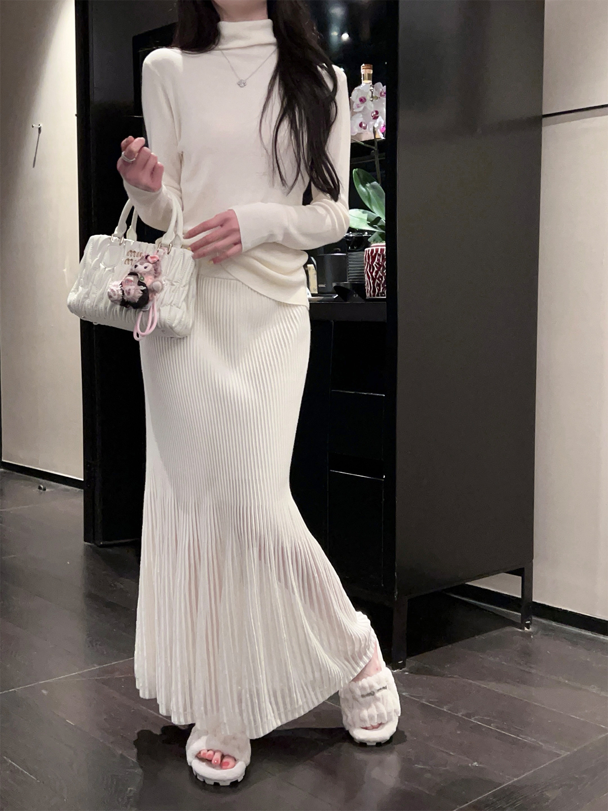 Gorgeous Milk White Hollow Knit Long High Waist Bodycon Mermaid Skirt for Autumn Winter Fashion, Elegant Style