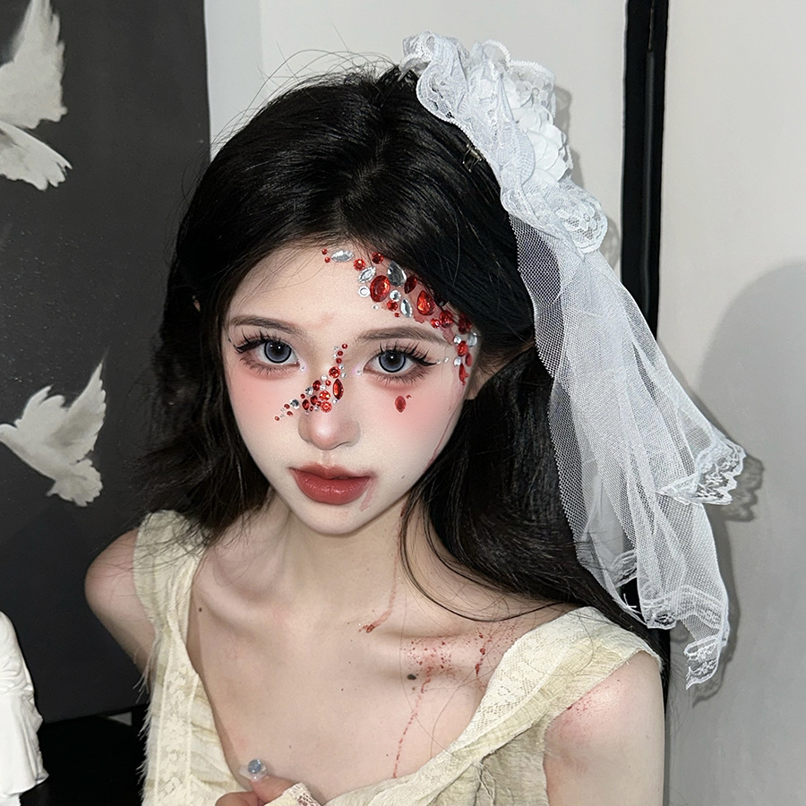 Gothic Lace Veil Hairpin and Eye Mask Set - Halloween Lolita Cosplay Accessories with Rose Bell Necklace for Girls