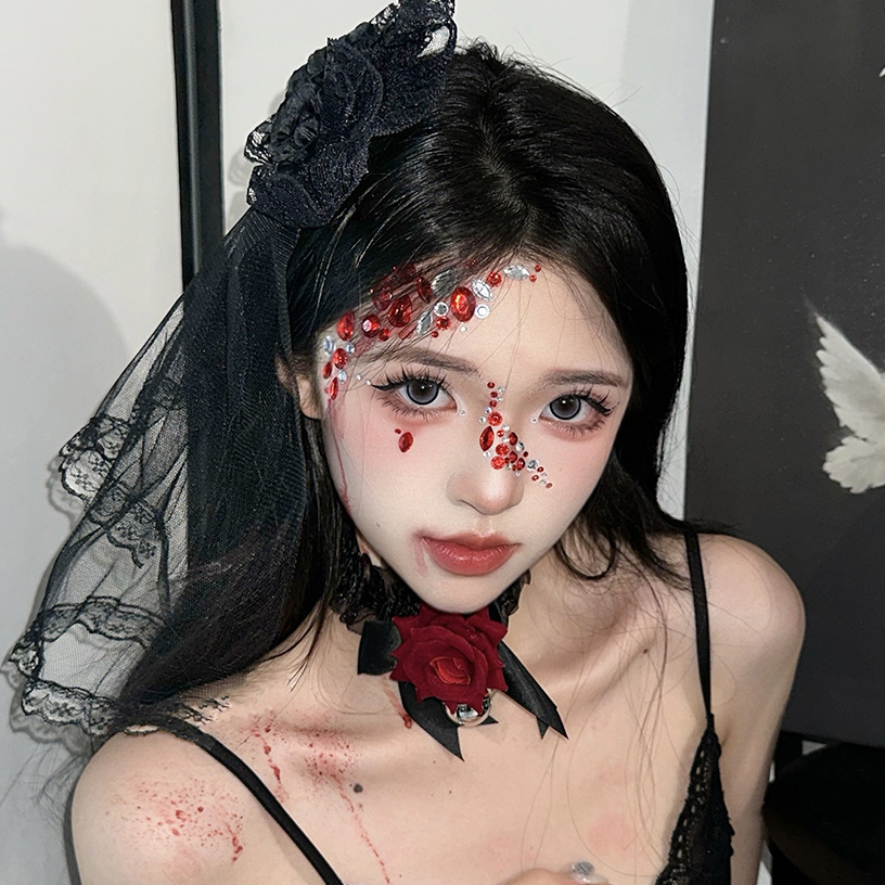 Gothic Lace Veil Hairpin and Eye Mask Set - Halloween Lolita Cosplay Accessories with Rose Bell Necklace for Girls Gothic Lace Veil Hairpin and Eye Mask Set - Halloween Lolita Cosplay Accessories with Rose Bell Necklace for Girls