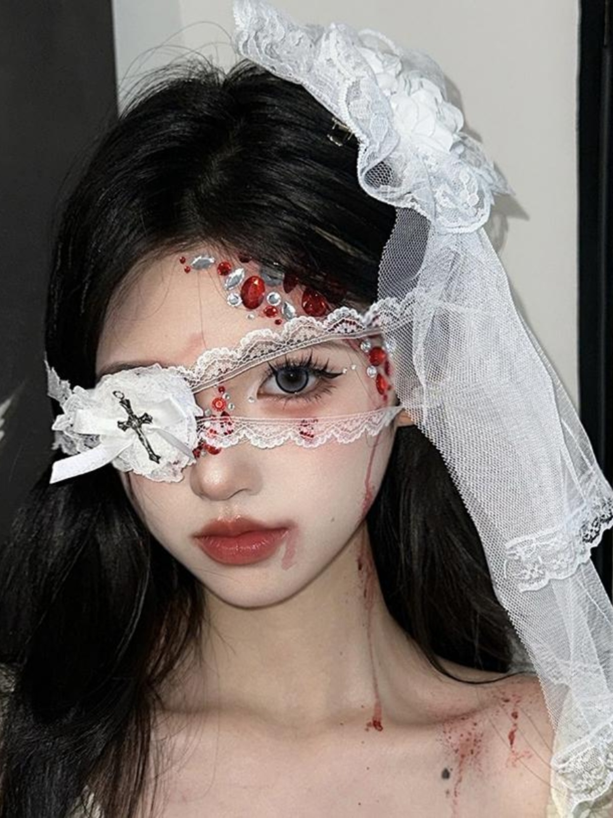 Gothic Lace Veil Hairpin and Eye Mask Set - Halloween Lolita Cosplay Accessories with Rose Bell Necklace for Girls Gothic Lace Veil Hairpin and Eye Mask Set - Halloween Lolita Cosplay Accessories with Rose Bell Necklace for Girls