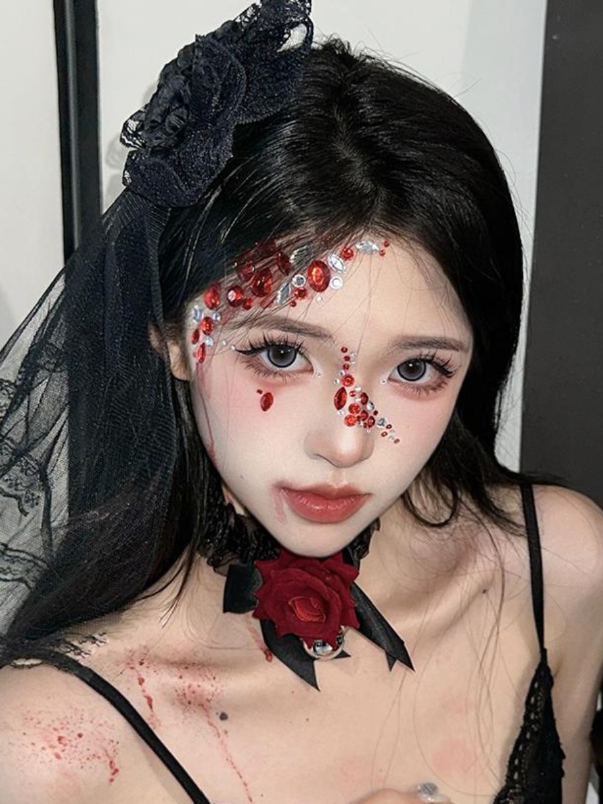 Gothic Lace Veil Hairpin and Eye Mask Set - Halloween Lolita Cosplay Accessories with Rose Bell Necklace for Girls Gothic Lace Veil Hairpin and Eye Mask Set - Halloween Lolita Cosplay Accessories with Rose Bell Necklace for Girls