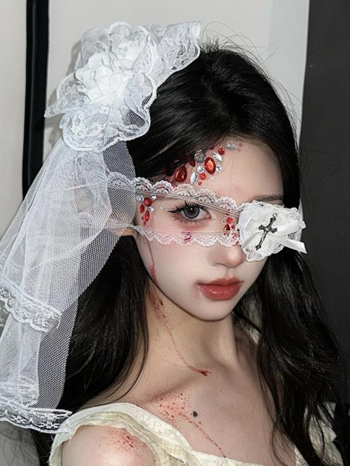 Gothic Lace Veil Hairpin and Eye Mask Set - Halloween Lolita Cosplay Accessories with Rose Bell Necklace for Girls Gothic Lace Veil Hairpin and Eye Mask Set - Halloween Lolita Cosplay Accessories with Rose Bell Necklace for Girls