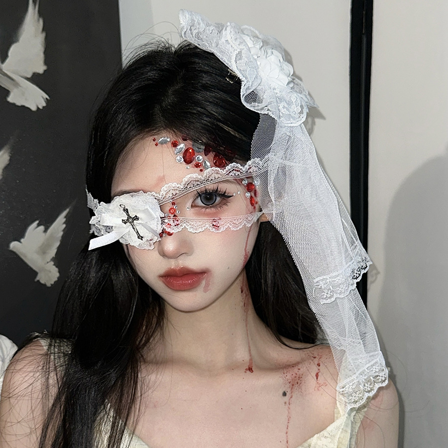 Gothic Lace Veil Hairpin and Eye Mask Set - Halloween Lolita Cosplay Accessories with Rose Bell Necklace for Girls Gothic Lace Veil Hairpin and Eye Mask Set - Halloween Lolita Cosplay Accessories with Rose Bell Necklace for Girls