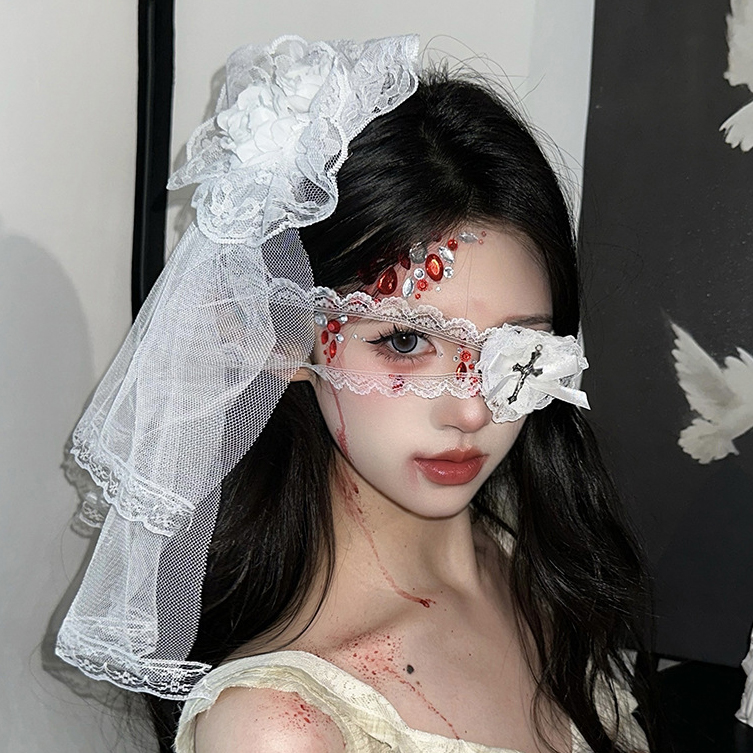 Gothic Lace Veil Hairpin and Eye Mask Set - Halloween Lolita Cosplay Accessories with Rose Bell Necklace for Girls Gothic Lace Veil Hairpin and Eye Mask Set - Halloween Lolita Cosplay Accessories with Rose Bell Necklace for Girls