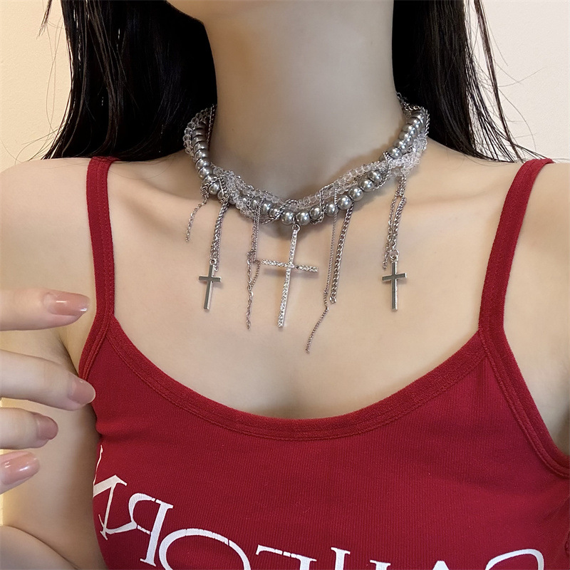 Gothic Punk Cross Bead Choker Necklace - High-End Collarbone Chain for Sweet Cool Spicy Style Accessories