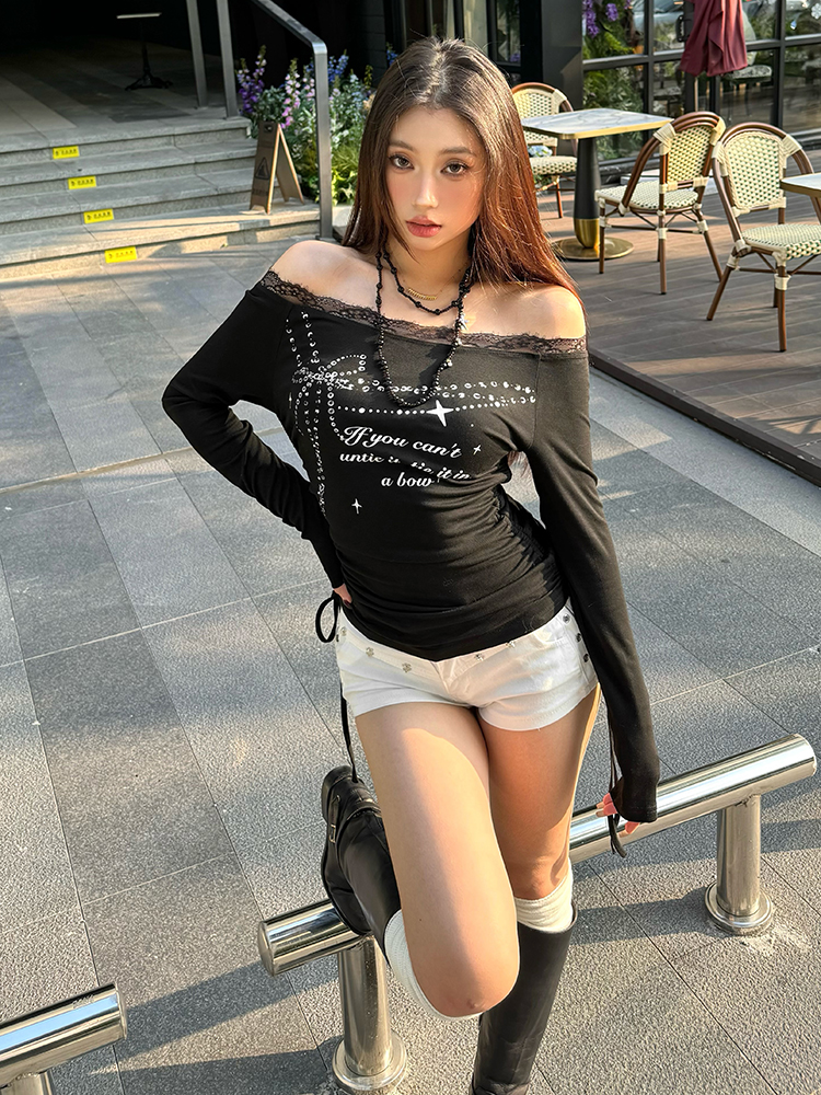 Gothic Y2K Printed One-Shoulder Long Sleeve T-Shirt with Lace Trim and Ruched Tie Detail for Women - Casual Cool Style Top Gothic Y2K Printed One-Shoulder Long Sleeve T-Shirt with Lace Trim and Ruched Tie Detail for Women - Casual Cool Style Top