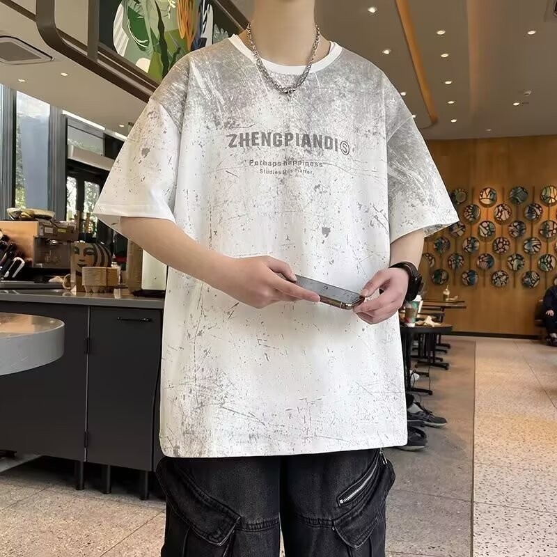 Gradient Short-Sleeve T-Shirt for Men, Summer Cotton Tee, Loose Fit Slouchy Shoulder Top, Trendy Casual Wear