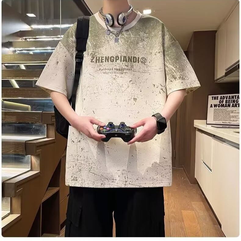 Gradient Short-Sleeve T-Shirt for Men, Summer Cotton Tee, Loose Fit Slouchy Shoulder Top, Trendy Casual Wear Gradient Short-Sleeve T-Shirt for Men, Summer Cotton Tee, Loose Fit Slouchy Shoulder Top, Trendy Casual Wear