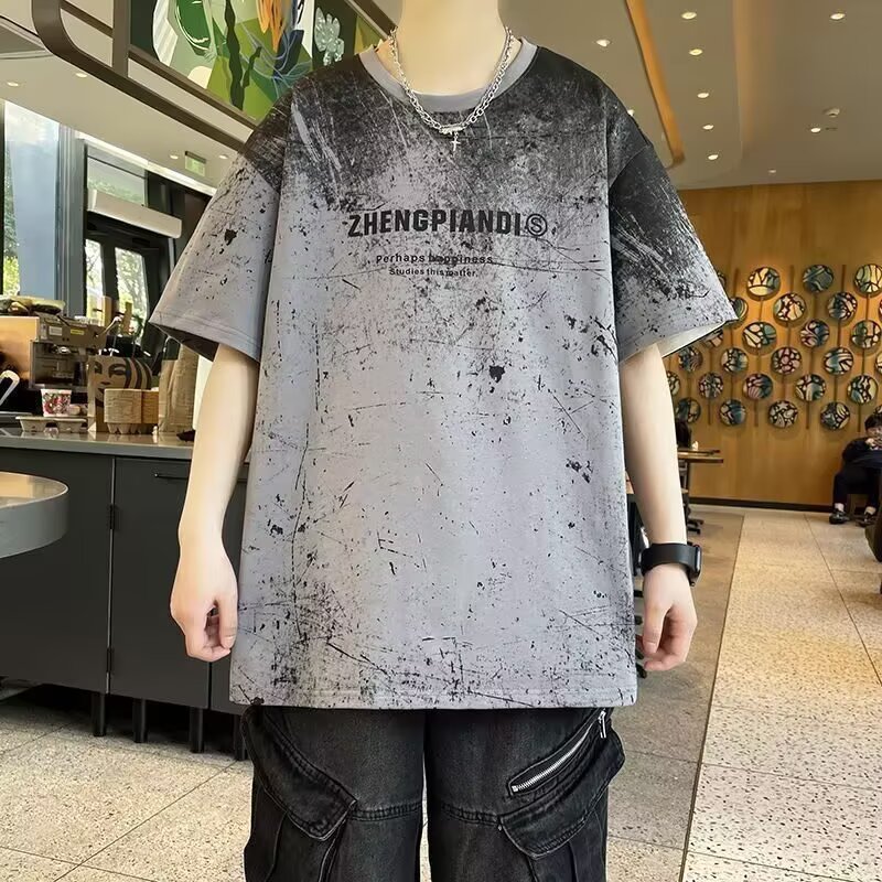 Gradient Short-Sleeve T-Shirt for Men, Summer Cotton Tee, Loose Fit Slouchy Shoulder Top, Trendy Casual Wear Gradient Short-Sleeve T-Shirt for Men, Summer Cotton Tee, Loose Fit Slouchy Shoulder Top, Trendy Casual Wear