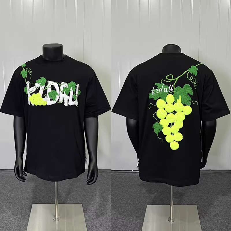 Grape Embroidered Short-Sleeve Unisex T-Shirt for Couples - Summer American Design with Small Collar and Straight Shoulders