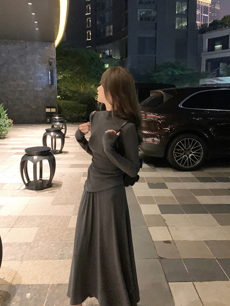 Gray Casual Knitted Two-Piece Set for Women - Slim Fit T-Shirt and Skirt, Spring Fashion, Comfortable Everyday Wear