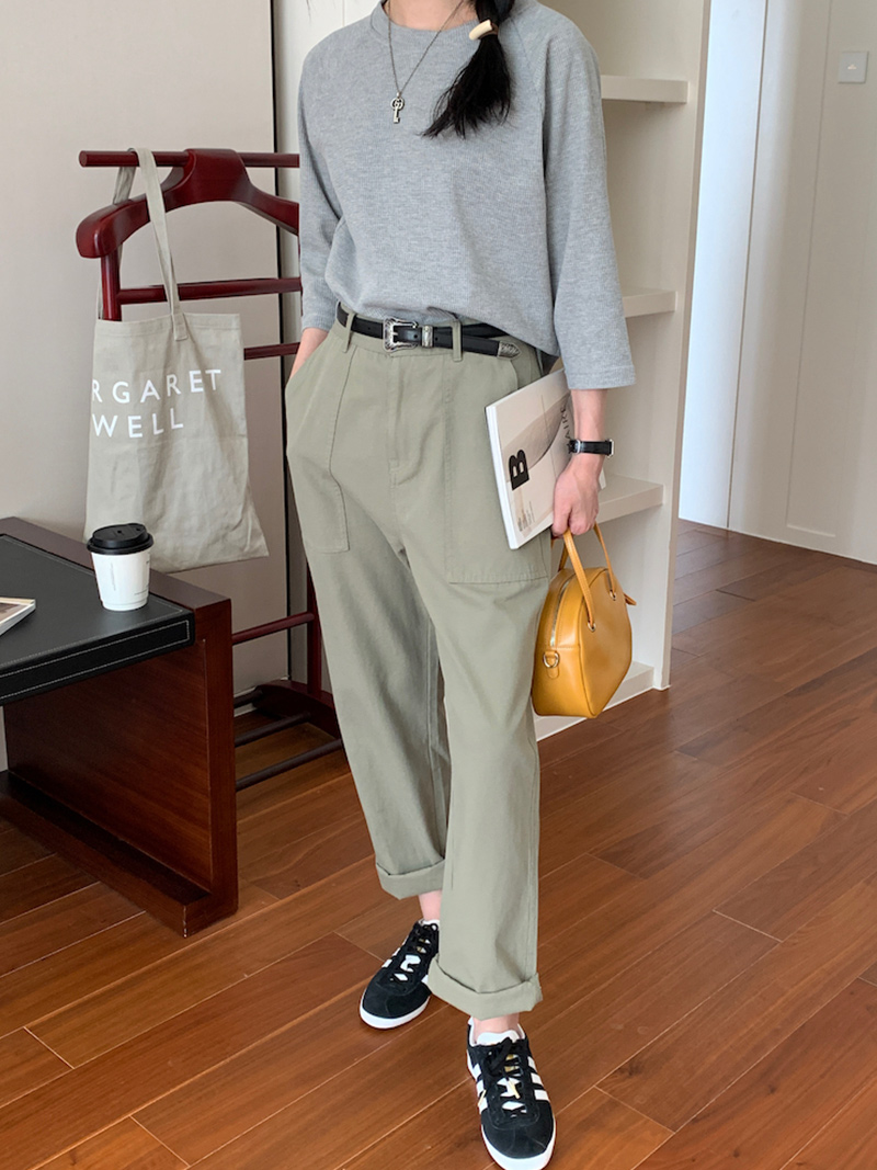 Gray-Green 100% Cotton Wide-Leg Work Pants for Women - High-Waisted Straight Leg Casual Trousers - 2025 Versatile Fashion