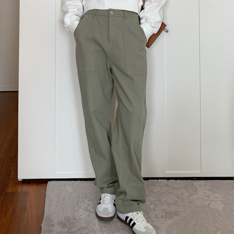 Gray-Green 100% Cotton Wide-Leg Work Pants for Women - High-Waisted Straight Leg Casual Trousers - 2025 Versatile Fashion