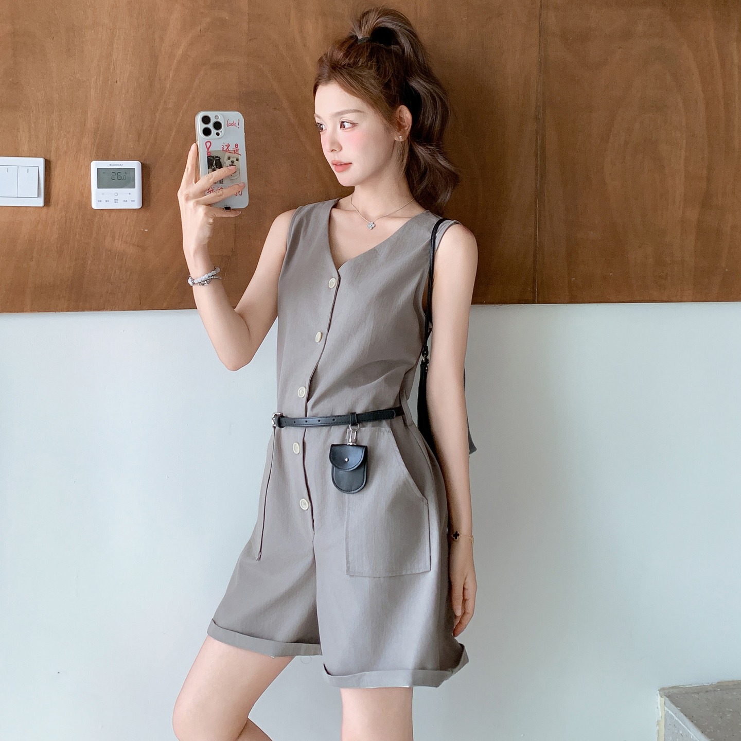 Gray Korean-Style Wide-Leg Shorts Jumpsuit for Women - Sweet Cool Wind Workwear, Summer 2025 Model for Petite