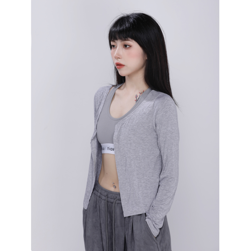 Gray Modal Short Cardigan for Women - Solid Color, Round Neck, Waist Tie, Casual Layering Top, Perfect for Y2K and Korean Style Outfits Gray Modal Short Cardigan for Women - Solid Color, Round Neck, Waist Tie, Casual Layering Top, Perfect for Y2K and Korean Style Outfits