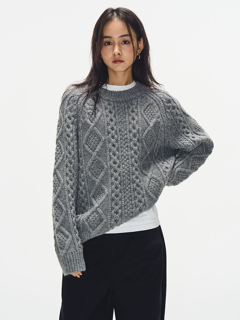 Gray Round Neck Cable Knit Sweater for Women - Loose Thick Knit Top in 2025 Autumn Winter Korean Style Fashion